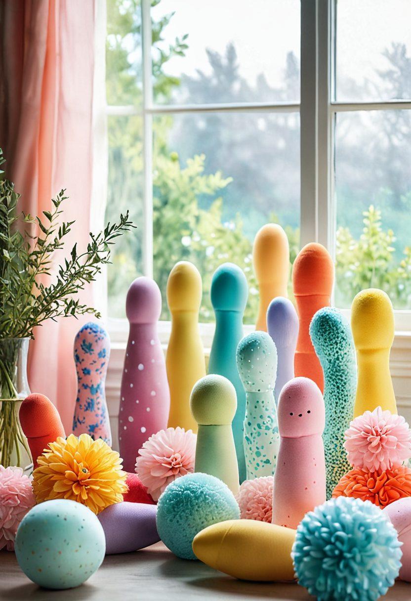 A whimsical array of colorful dildo toys displayed in a charming, inviting setting. Soft, playful lighting enhances their textured surfaces, showcasing various shapes and sizes. Include floral accents and plush fabrics to evoke a sense of sensual luxury. The background features soft-focus pastel colors to create a warm atmosphere. watercolor style. vibrant colors. soft background.
