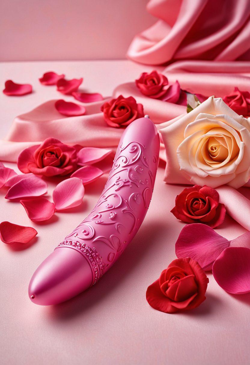 A vibrant and elegant arrangement of various beautifully designed dildo toys, each uniquely shaped and colored, displayed on a soft satin surface. Include delicate rose petals and ambient soft lighting to create a romantic atmosphere. Add subtle hints of personal care items like scented candles and intimate accessories in the background. The composition should evoke a sense of exploration and pleasure. super-realistic. vibrant colors. soft focus.