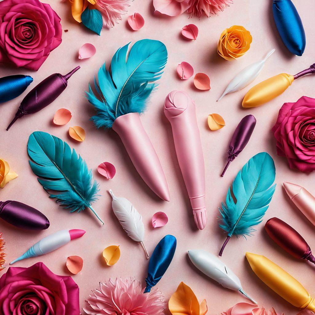 A luxurious flat lay of various stylish and colorful dildo toys, elegantly arranged on a soft satin fabric background, with delicate rose petals scattered around. Soft lighting enhances the sensual atmosphere, highlighting the textures and curves of each toy. Include a couple of whimsical accents like a bottle of massage oil and elegant feather plumes to enrich the experience. super-realistic. vibrant colors. soft lighting.